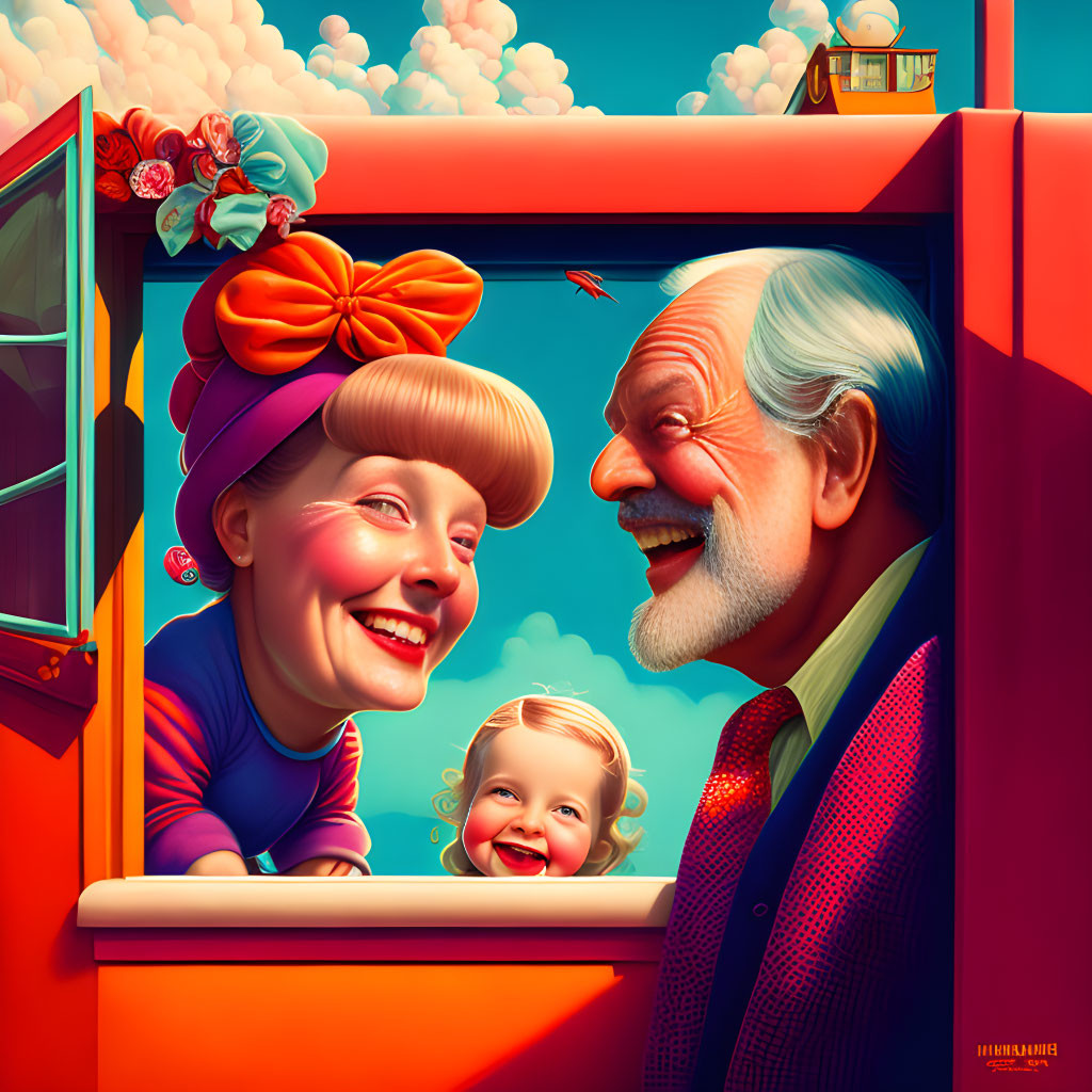 Vibrant family illustration in red window against blue sky