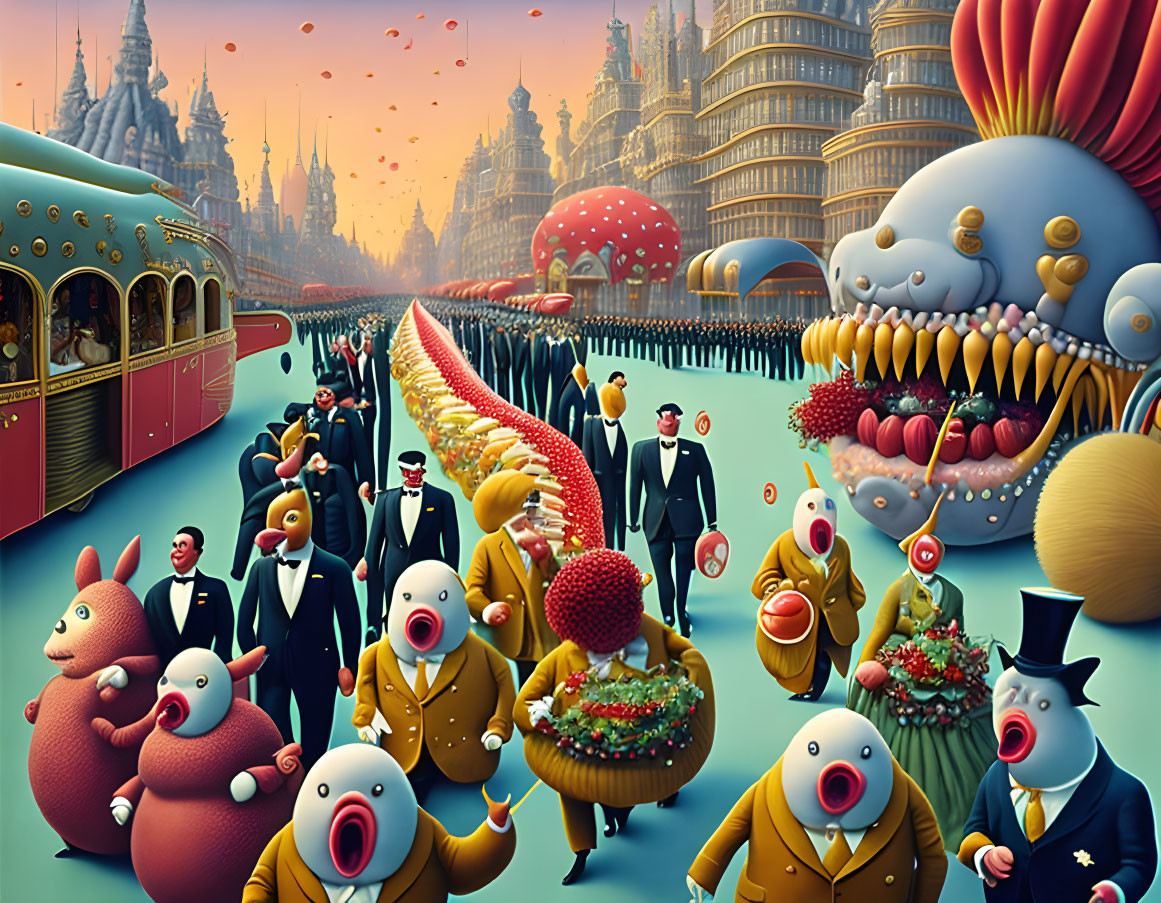 Colorful surreal parade with anthropomorphic creatures in blue and orange palette