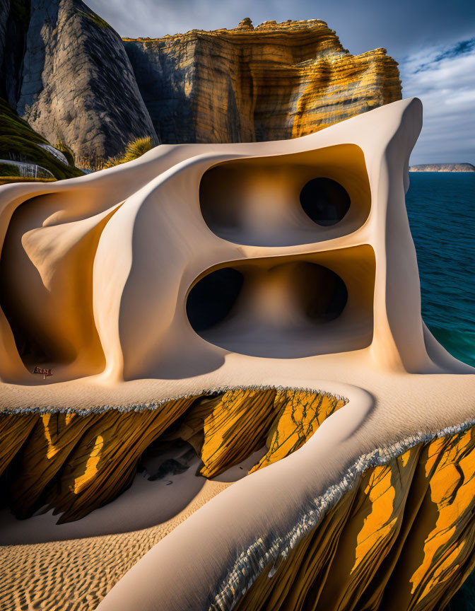 Surreal landscape with organic structure, round windows, cliffs, and ocean