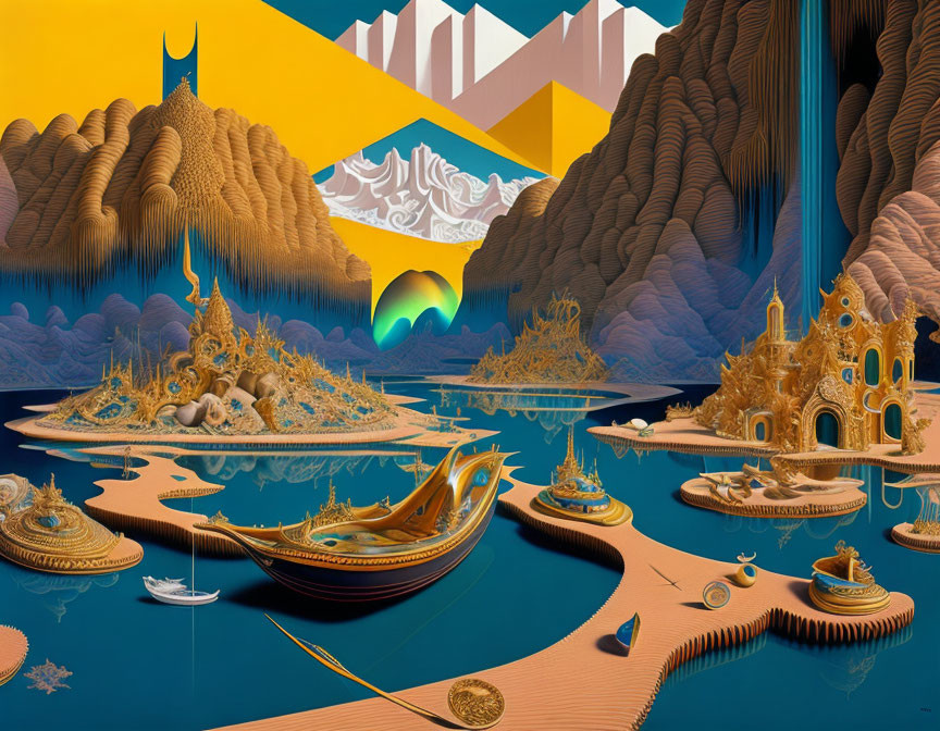 Surreal landscape with golden structures, boats, mountains, and whimsical sky