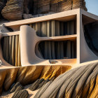 Surreal landscape with organic structure, round windows, cliffs, and ocean