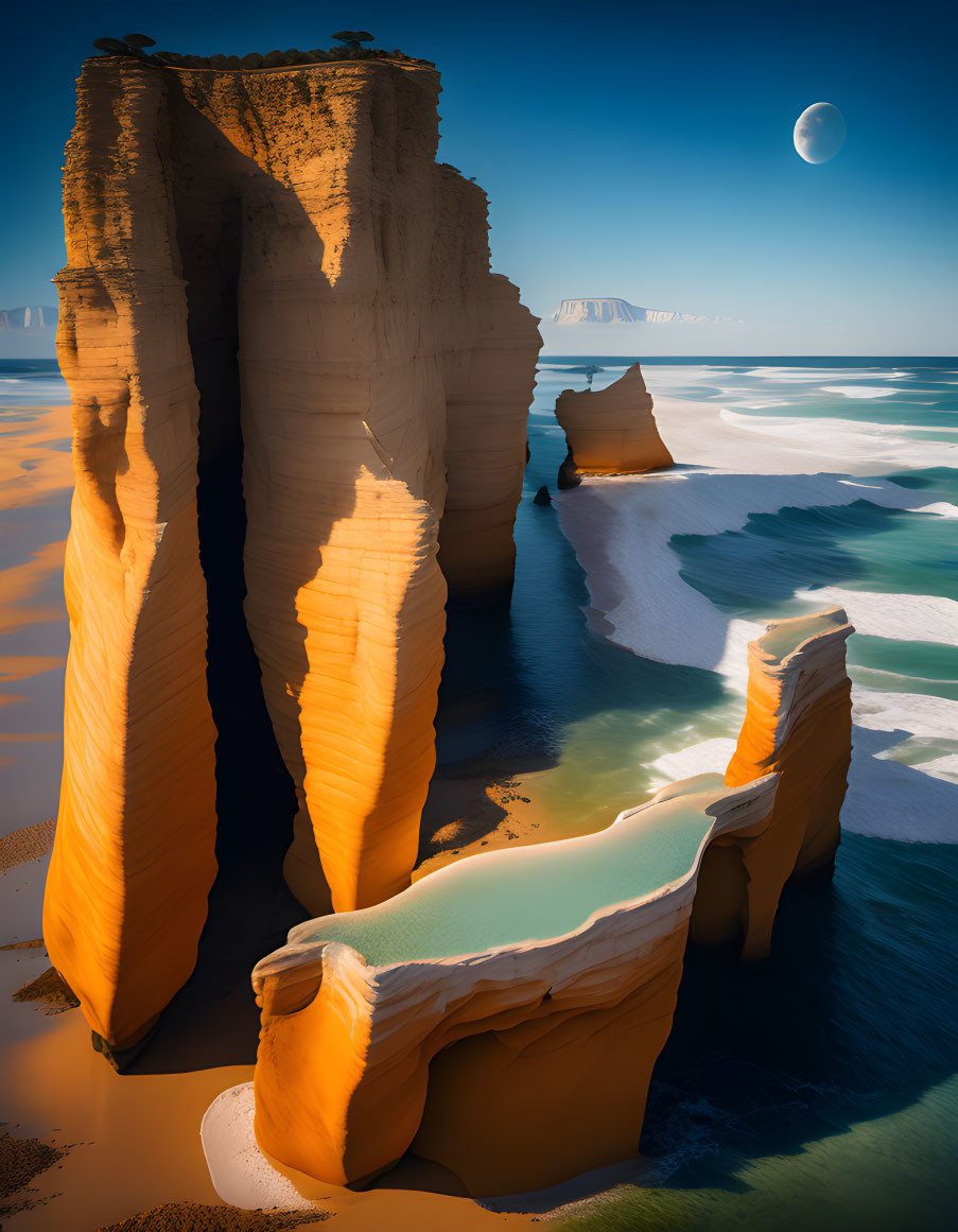 Sandstone cliffs tower over beach with crashing waves and surreal moon in blue sky