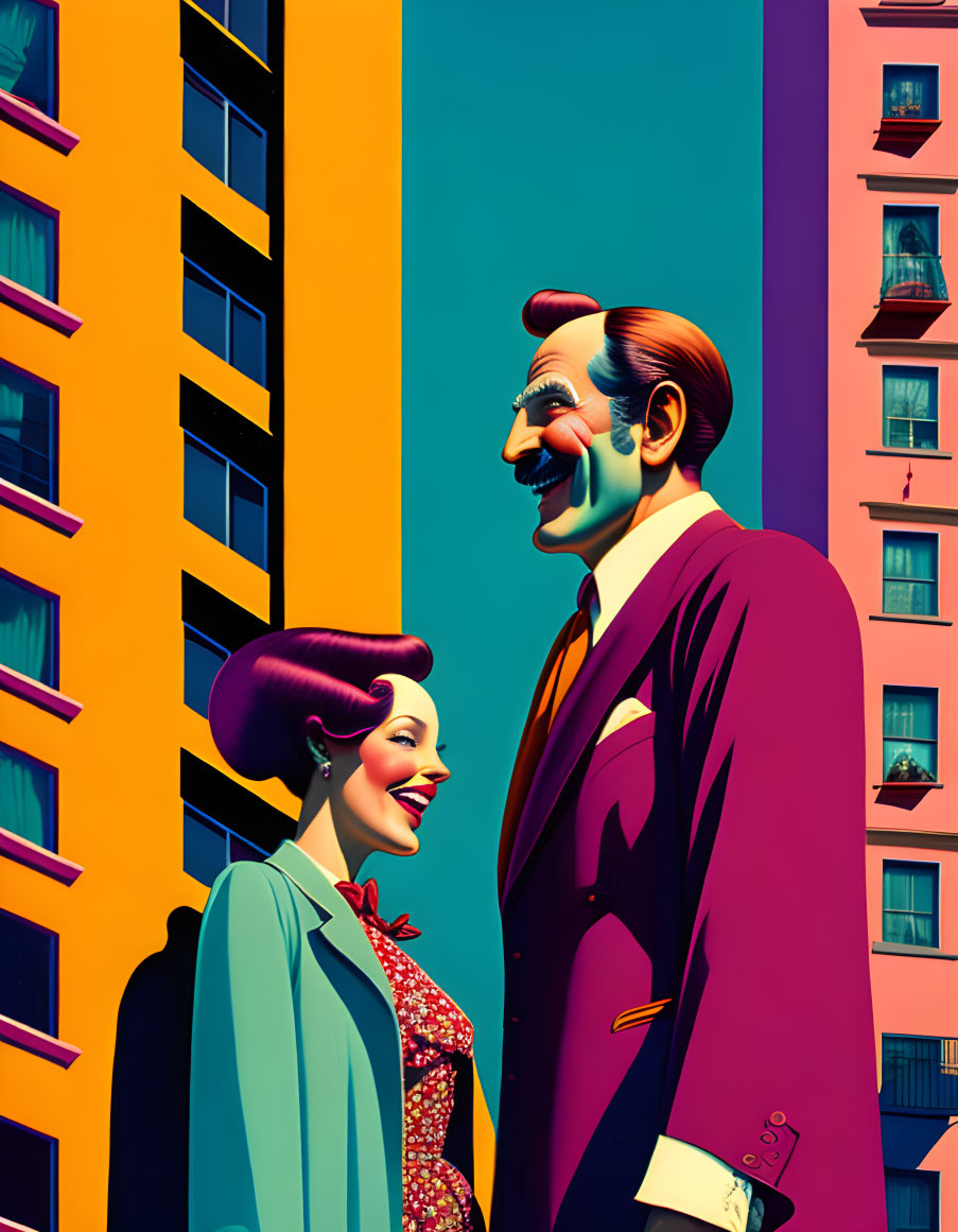 Colorful Vintage Clothing Illustration of Smiling Man and Woman