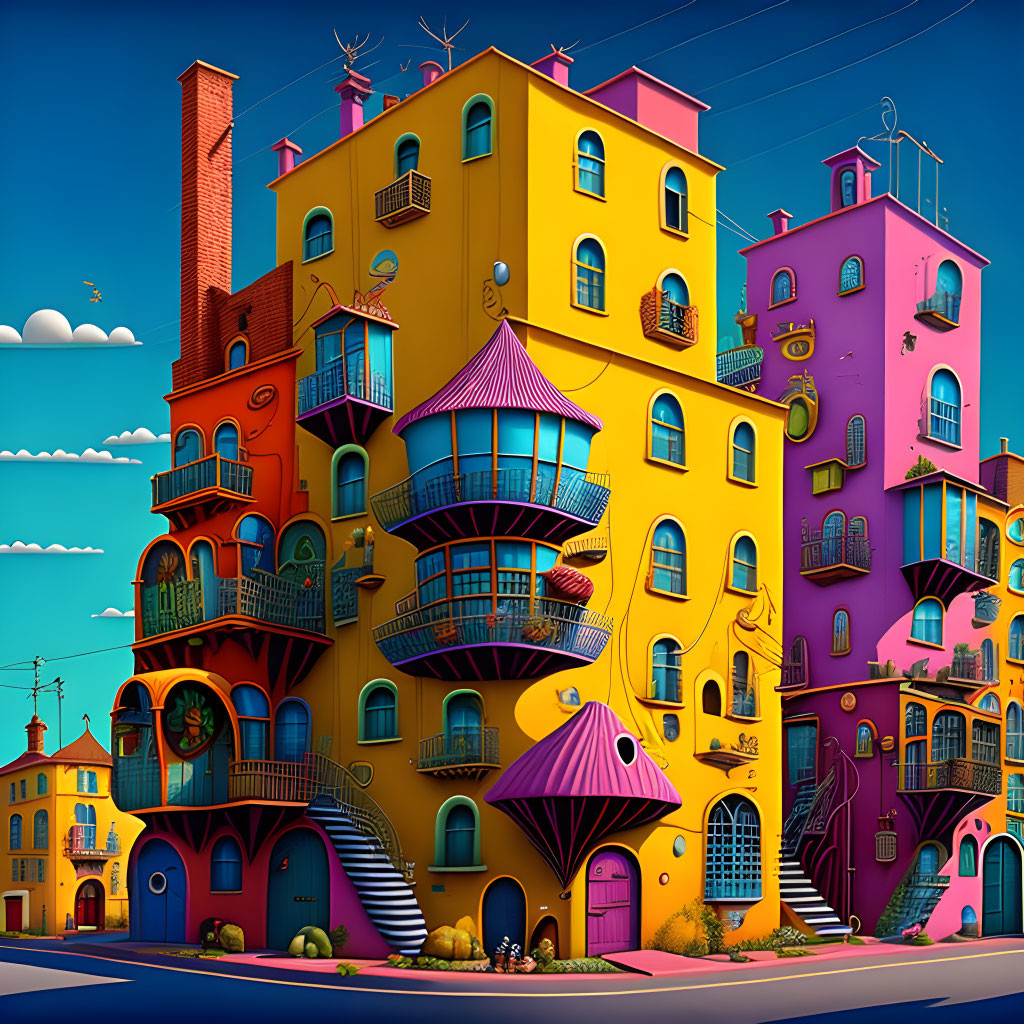 Colorful interconnected buildings with unique architecture against blue sky