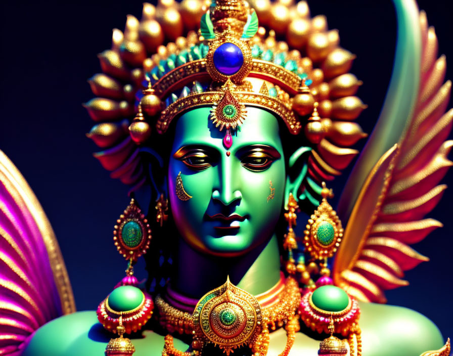 Vibrant Hindu deity with multiple arms and gold jewelry on dark background