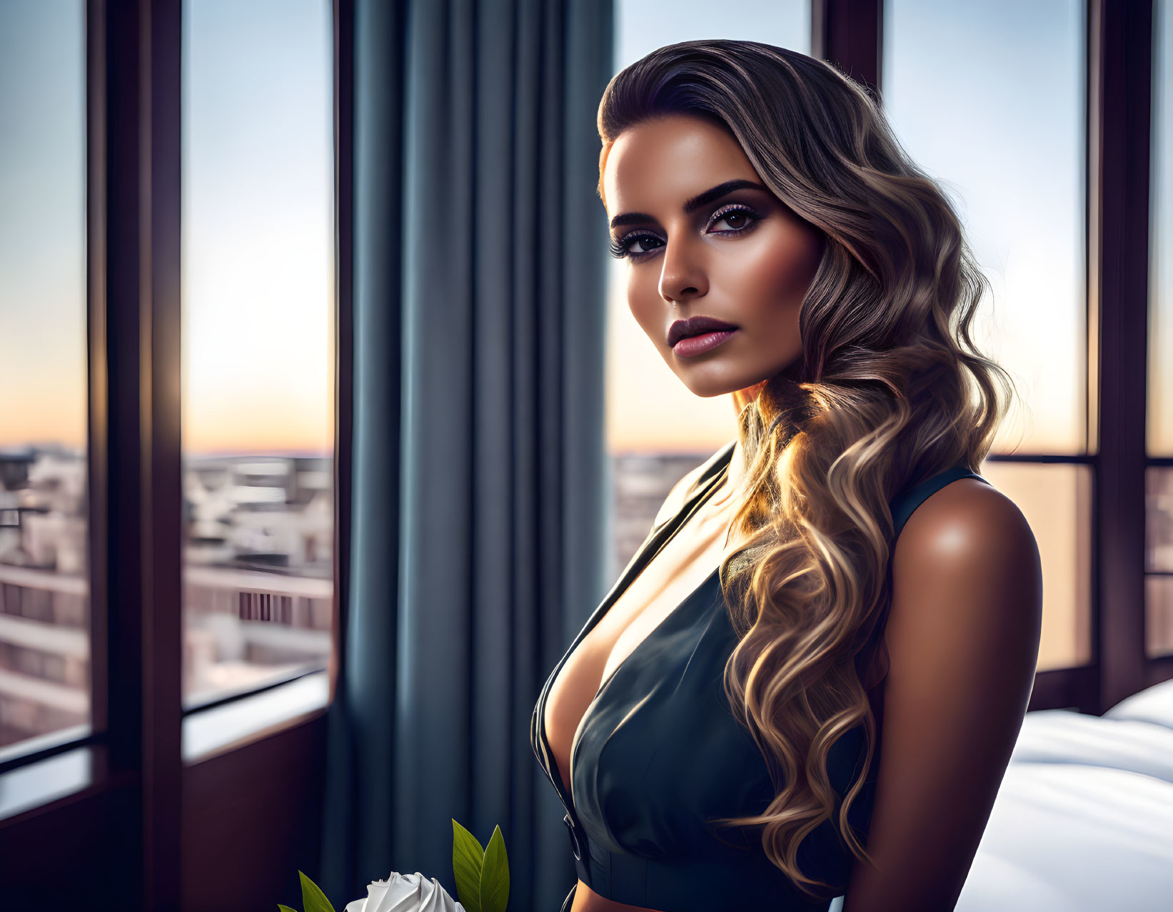 Woman with wavy hair and makeup by window at dusk with cityscape.