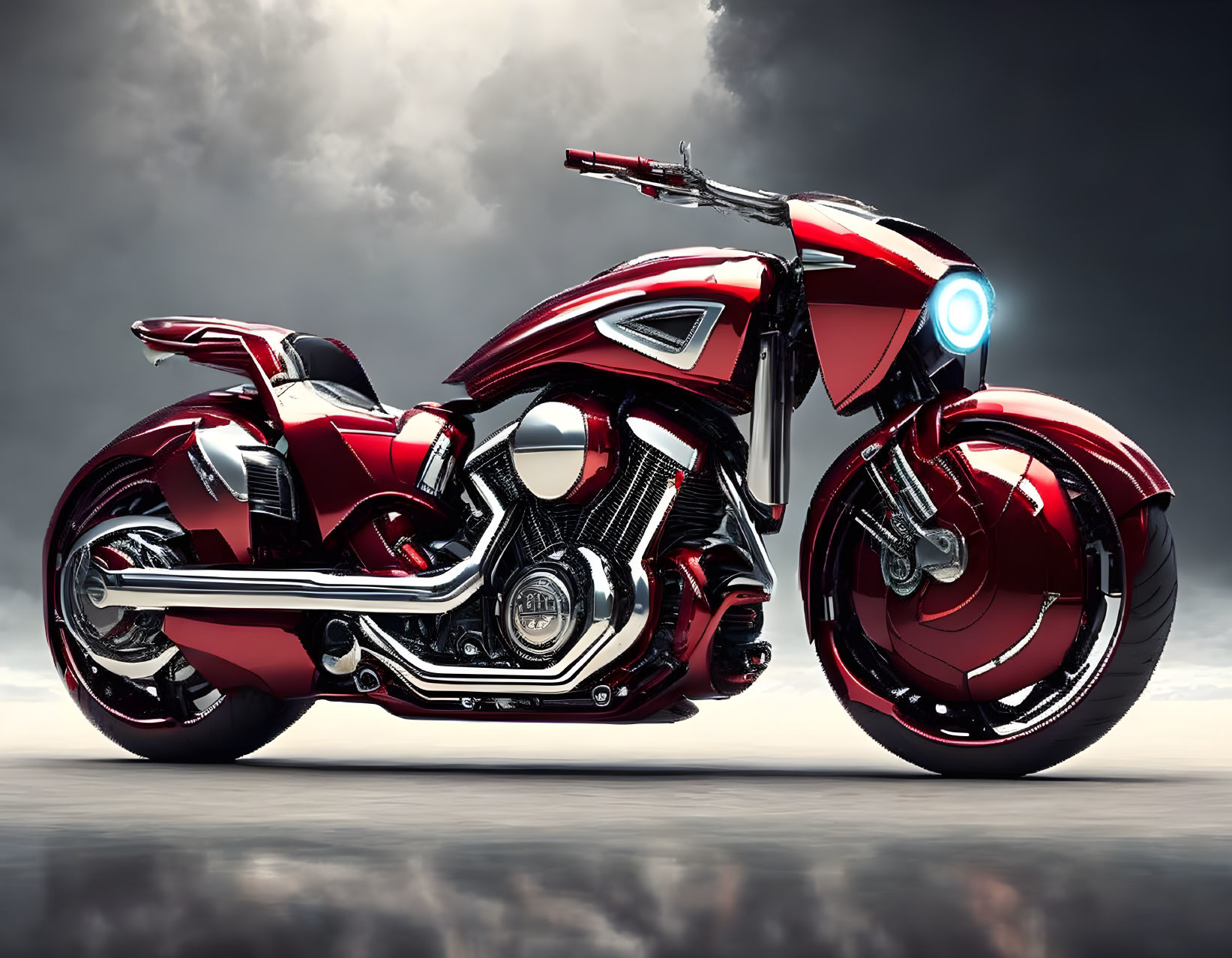 Futuristic red motorcycle with circular headlight on moody sky background