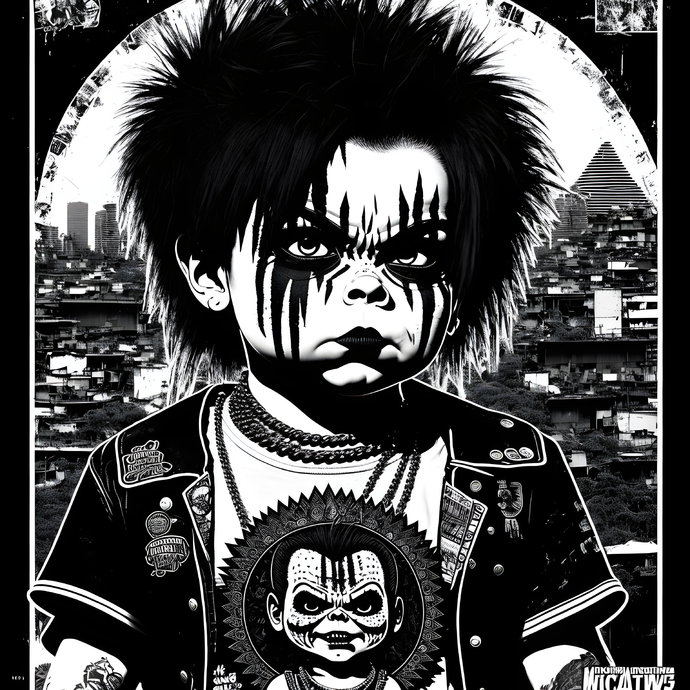 Monochrome illustration of child in punk attire with Kiss band-inspired face paint in urban setting