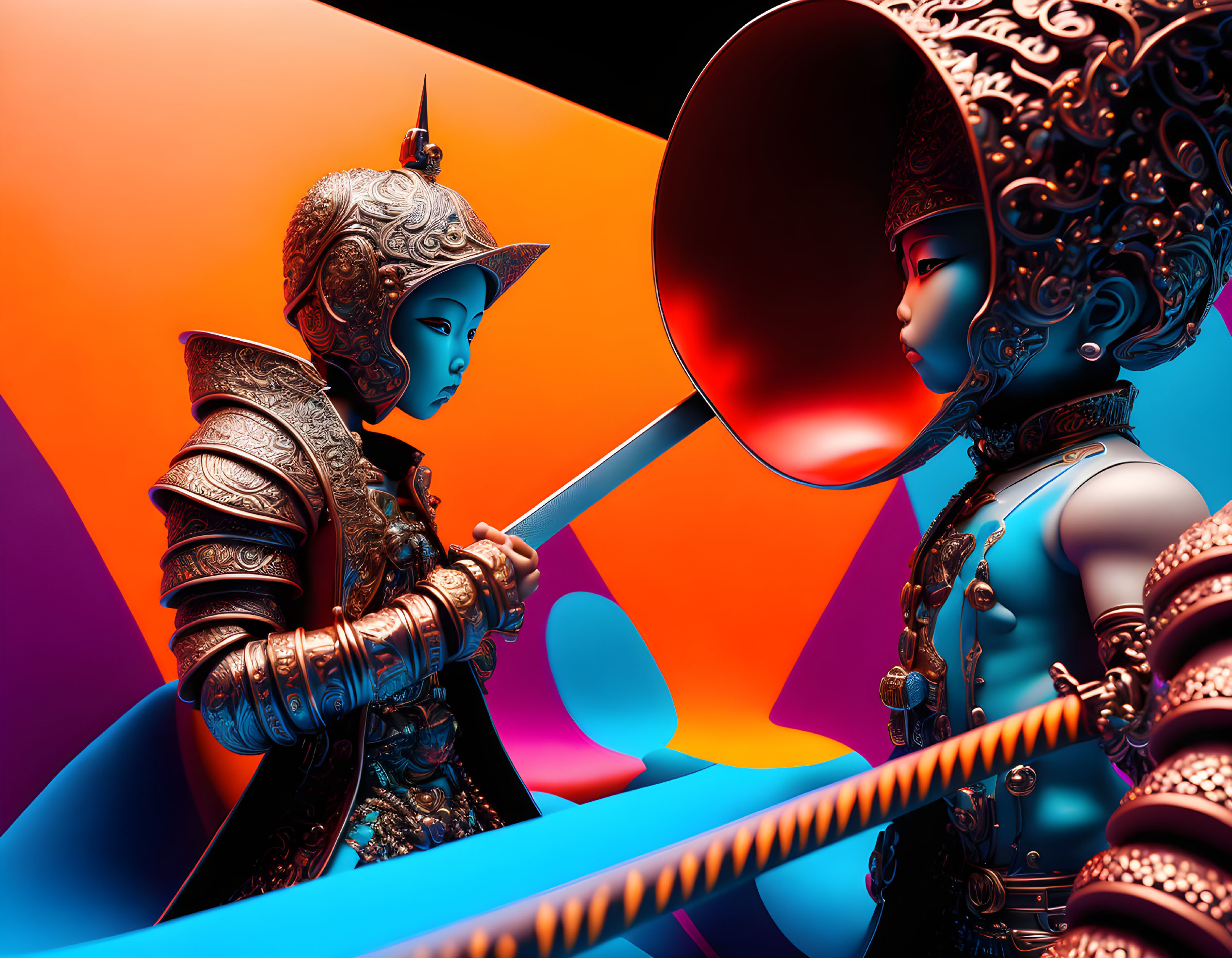 Ornate futuristic warriors in detailed armor on vibrant orange and blue background