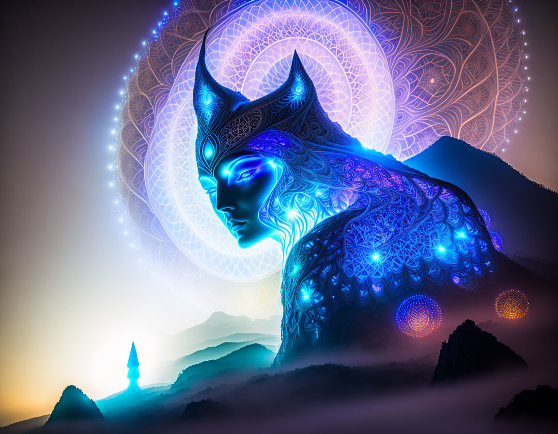 Blue ornate female figure with glowing eyes in mystical mountain setting