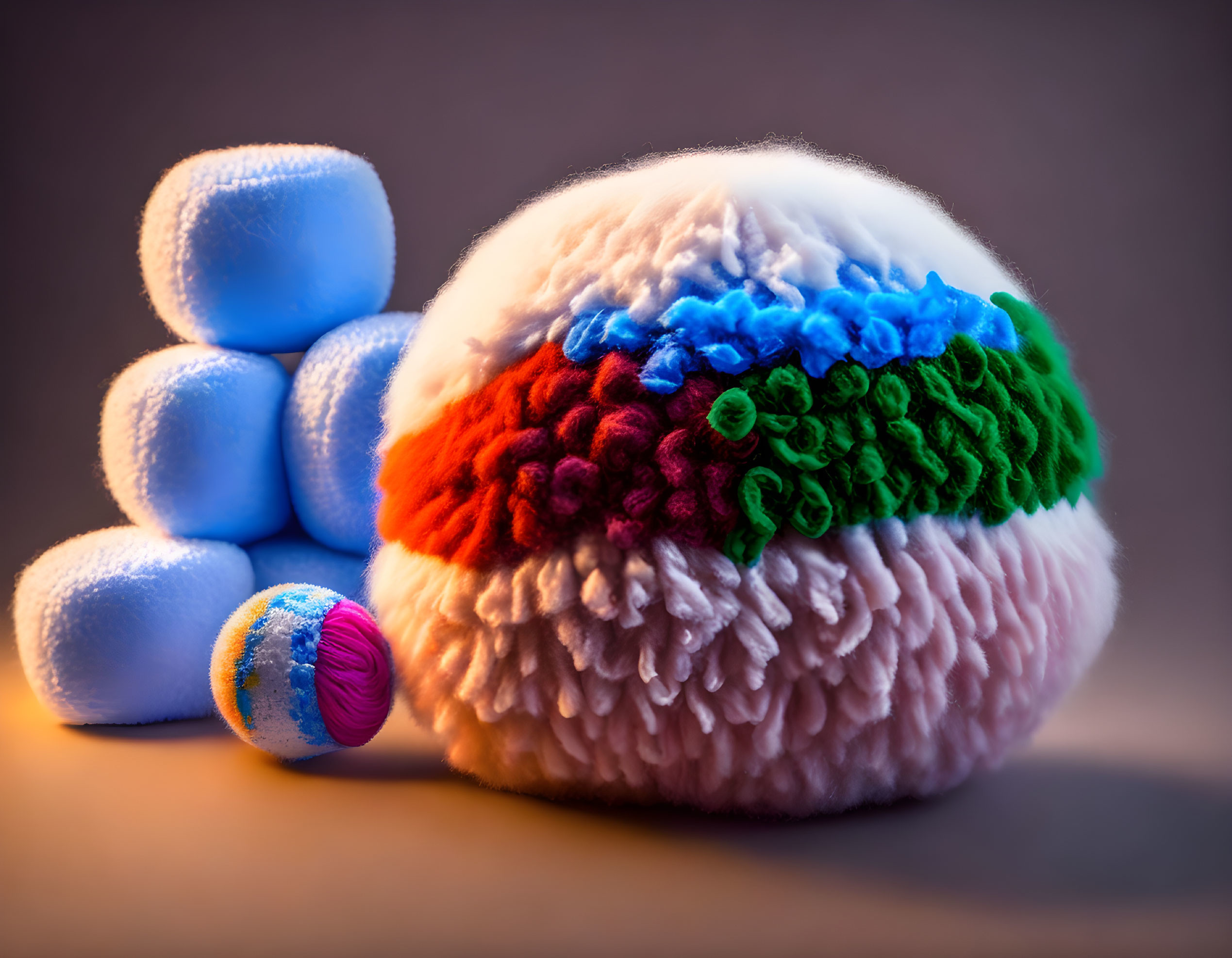 Colorful Knitted Ball with Half White, Half Multicolor Pattern on Warm Gradient Background