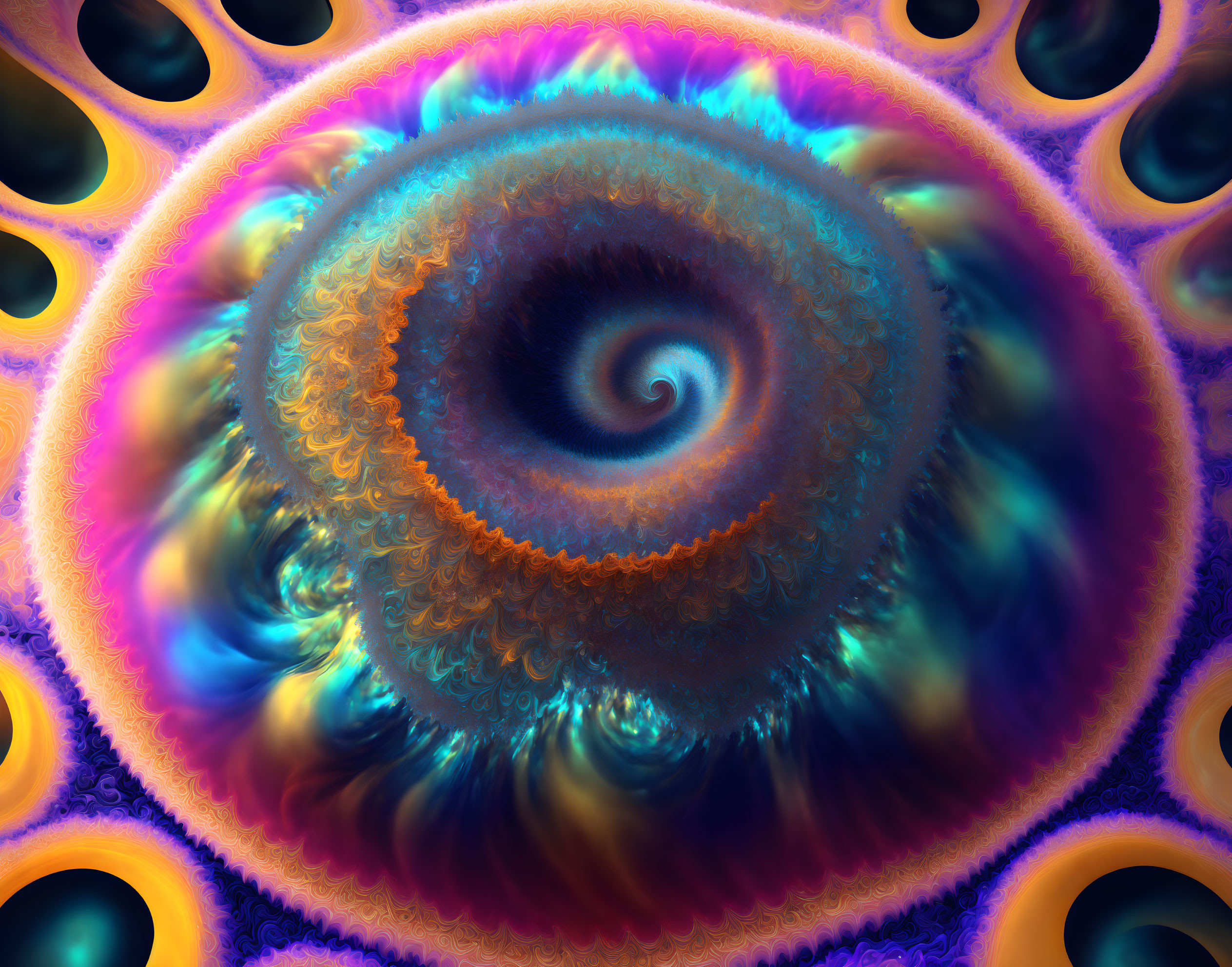 Colorful Spiral Fractal Art with Blue, Orange, and Purple Hues