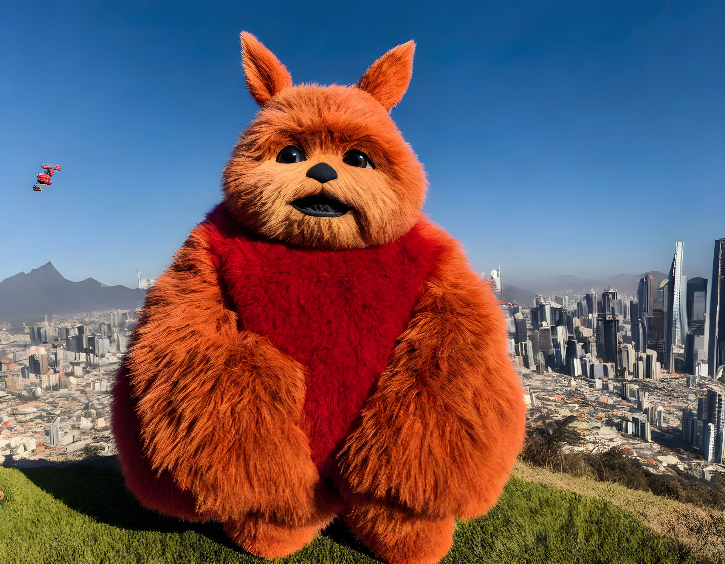 Furry red mascot on grassy hill with cityscape in background