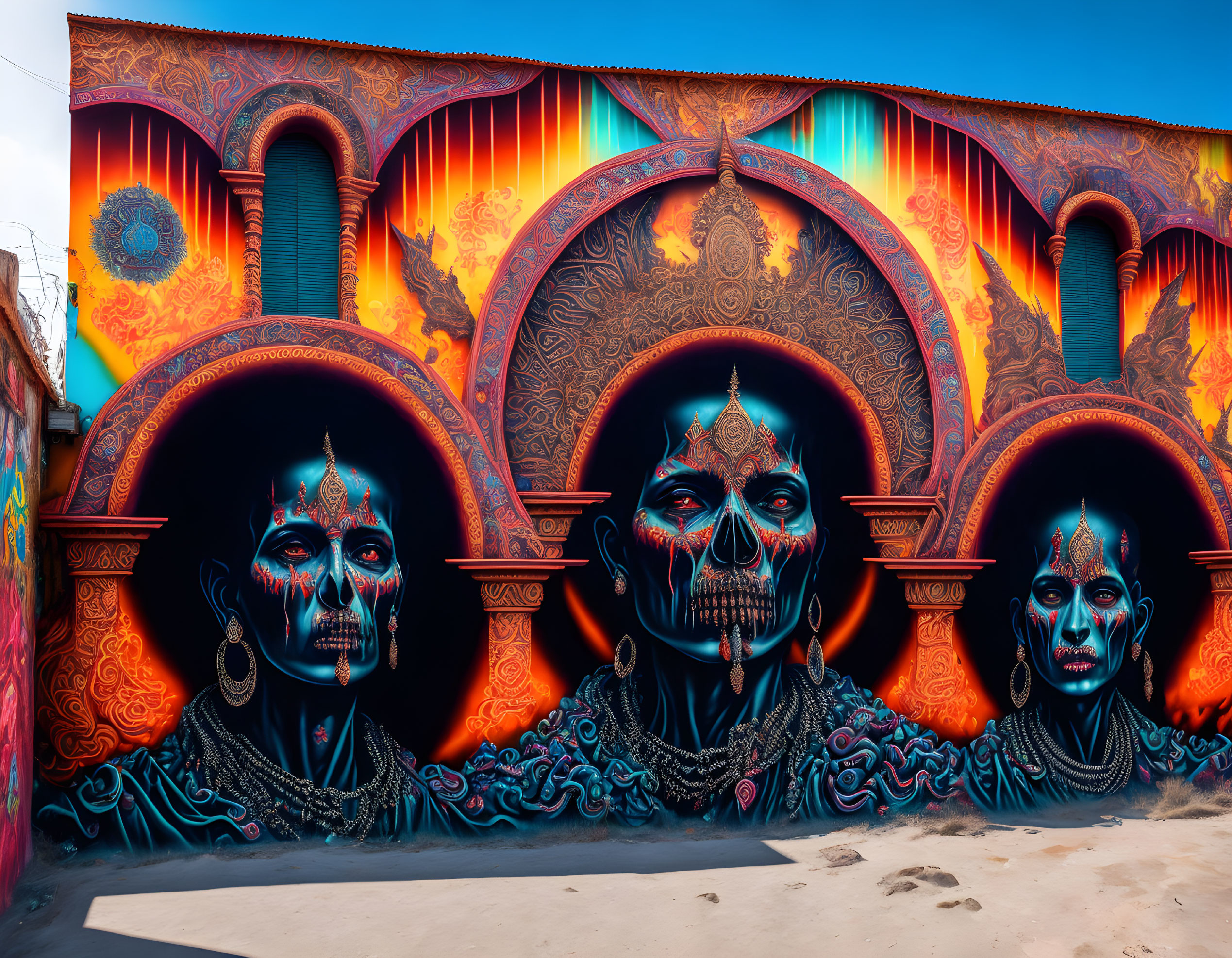 Colorful mural with tribal skull faces on fiery background