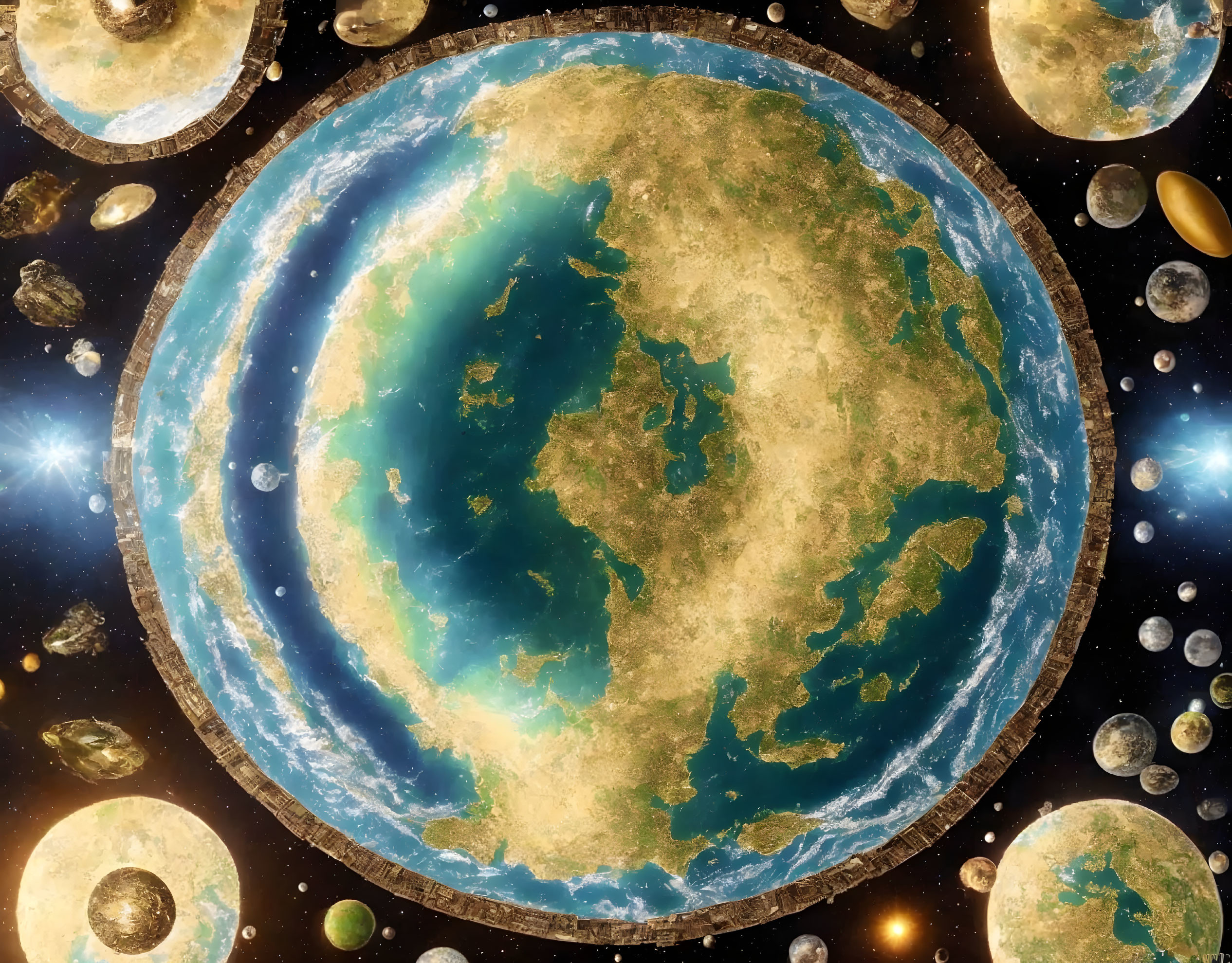 Detailed Flat Earth with Celestial Bodies and Land Masses