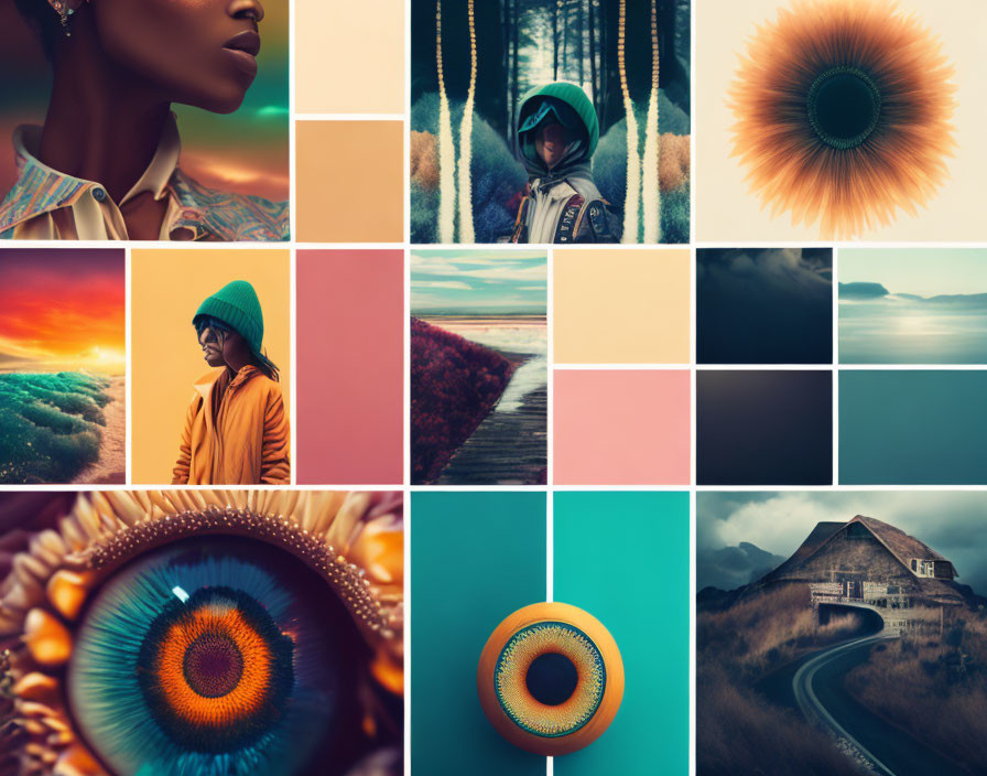 Colorful Collage Featuring Diverse Images: Profile, Landscapes, Eye Close-Up, Abstract