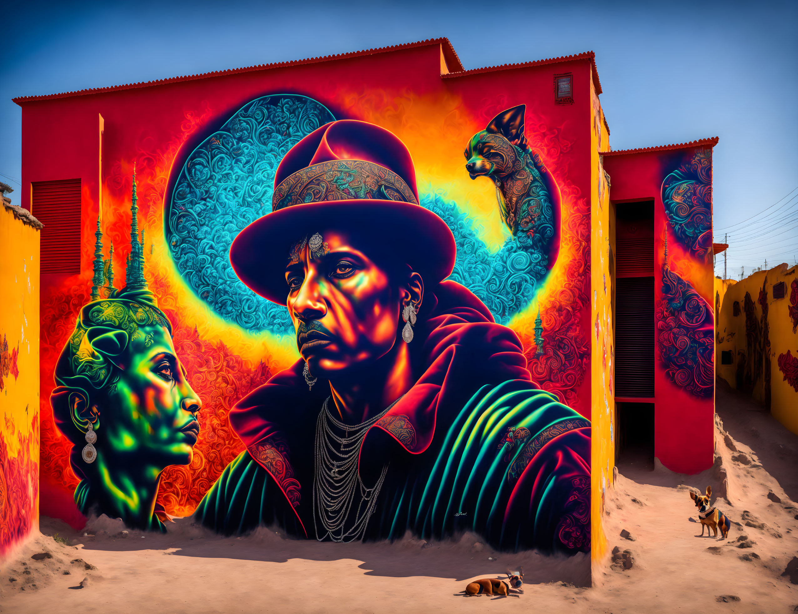 Colorful street art mural with man, woman, cosmic background, and stylized animals on urban house