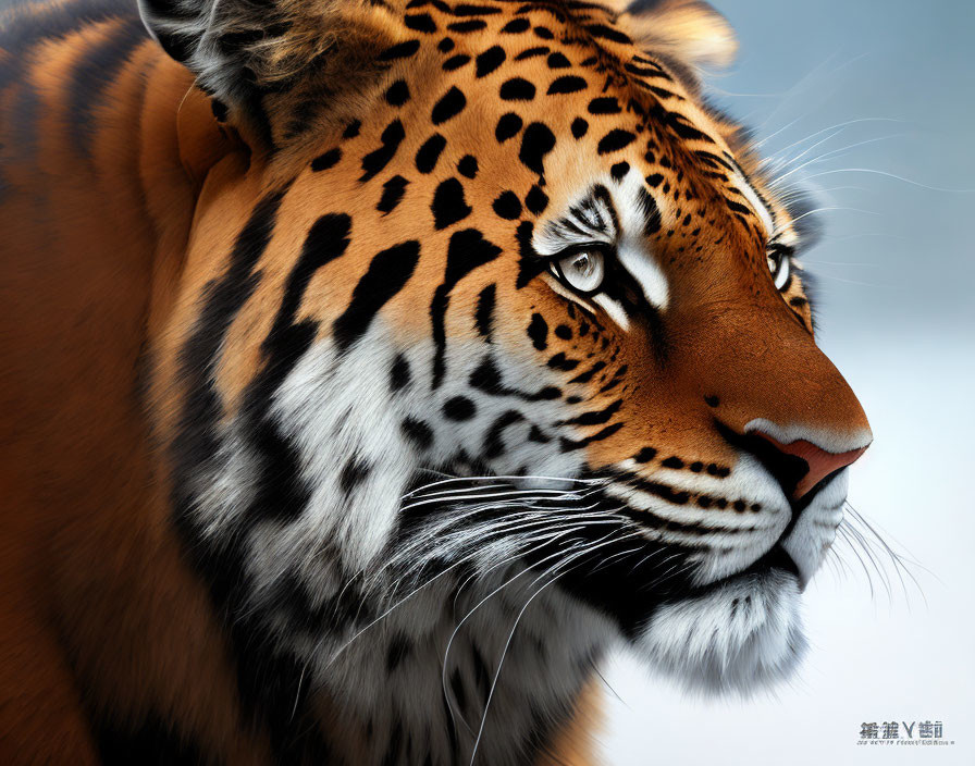 Detailed Tiger Face Portrait with Orange Fur and Black Stripes on Blue Background