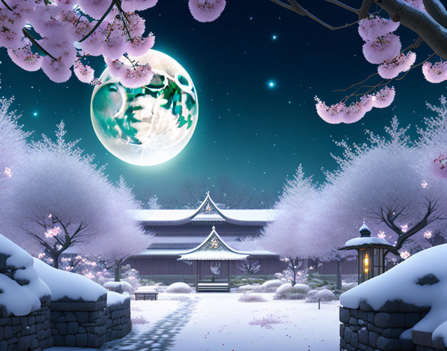 Snow-covered cherry blossoms under moonlit sky at Asian temple