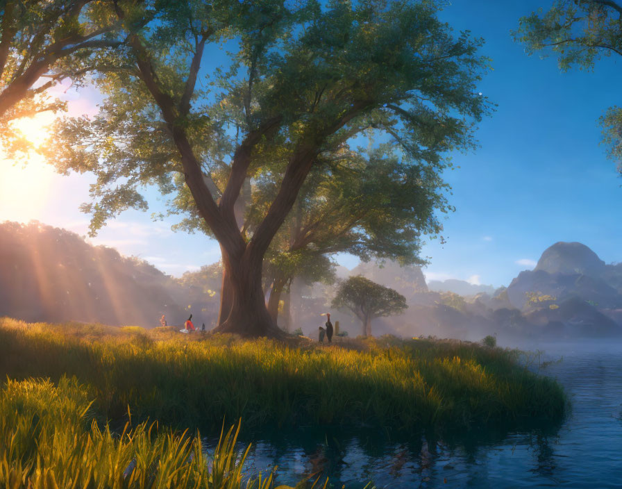 Tranquil riverside scene with people under tree and sunbeams