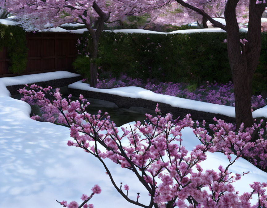 Snow-covered garden with cherry blossoms, stone bridge, and wooden fence