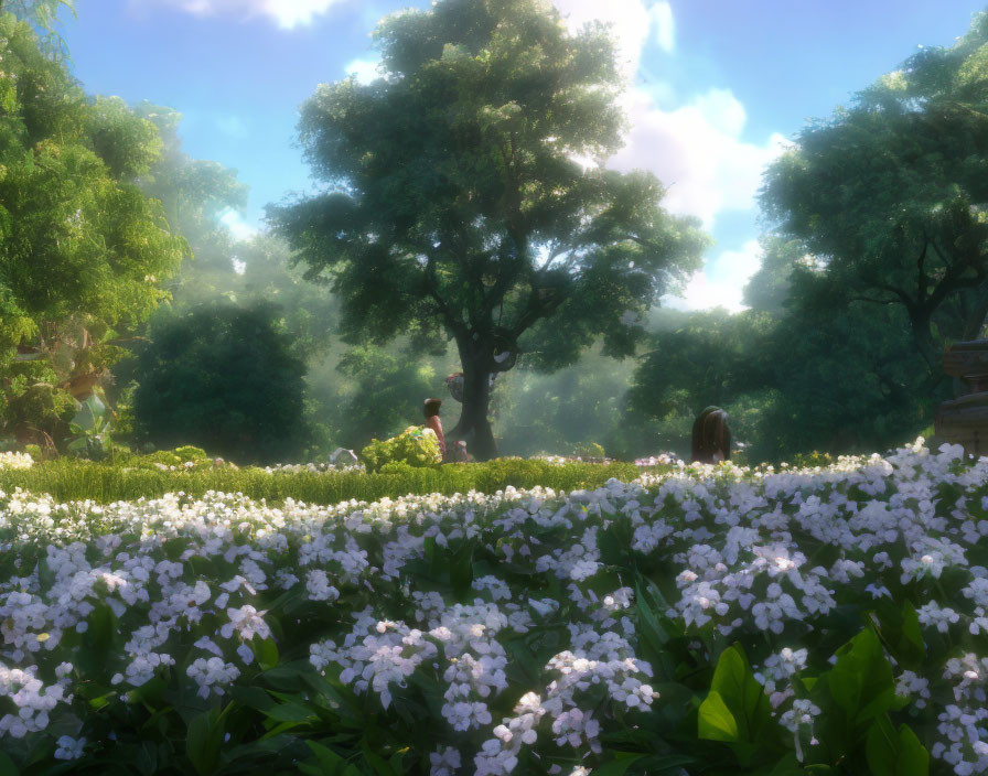 Tranquil garden scene with white flowers, tree, sunlight, and distant figure