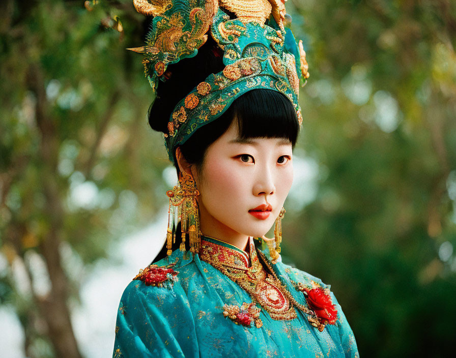 Traditional Chinese Attire Woman with Ornate Headdress and Jewelry