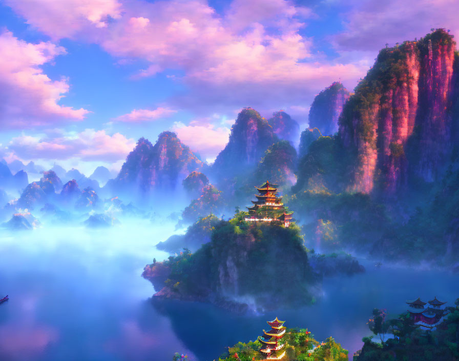 Mist-covered karst mountains with pagodas under pink and blue sky