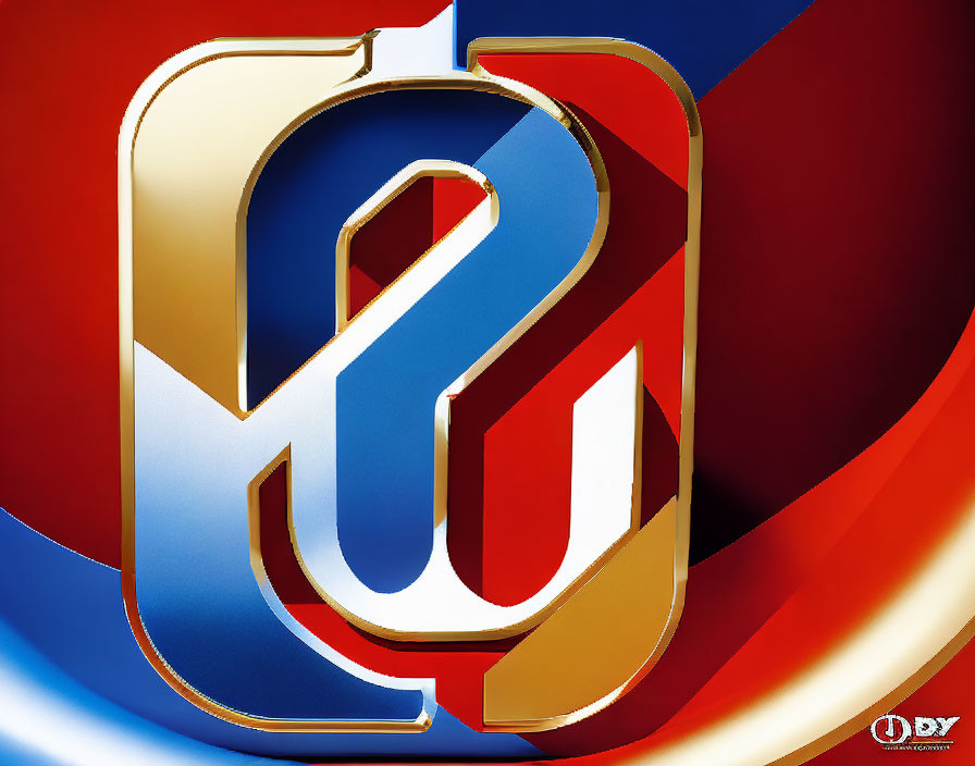 Stylized golden letter "Q" intertwined with 3D ribbon on red and blue backdrop