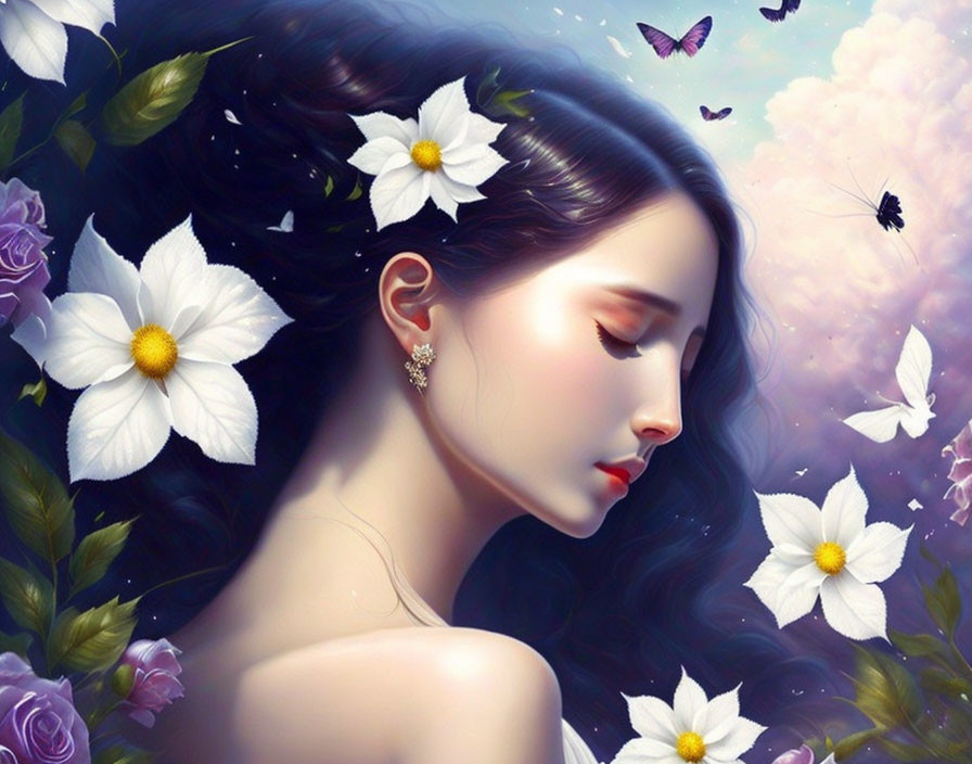 Illustration of serene woman with white flowers, butterflies, and dreamy sky