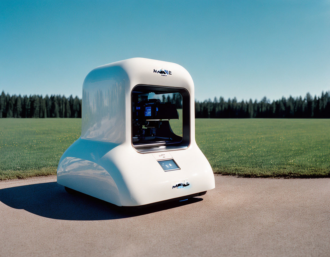 Autonomous white pod vehicle on asphalt in green field under blue sky