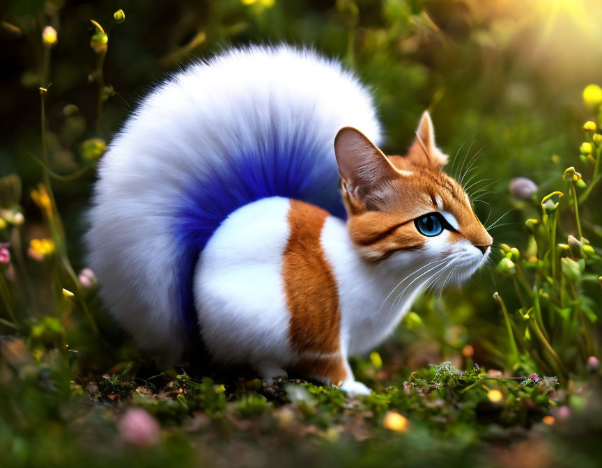 Orange and White Cat with Blue-Tinted Fluffy Tail in Sunlit Field