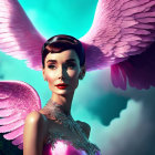 Woman in Pink Dress with Angel Wings on Blue Background