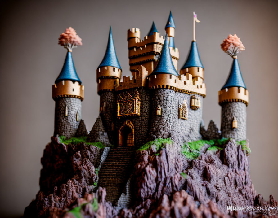 Detailed Miniature Fairy Tale Castle Model on Rocky Hill with Blue Rooftops