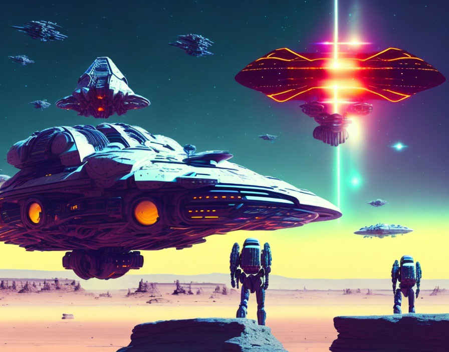 Futuristic sci-fi desert landscape with hovering spaceships and robotic figures