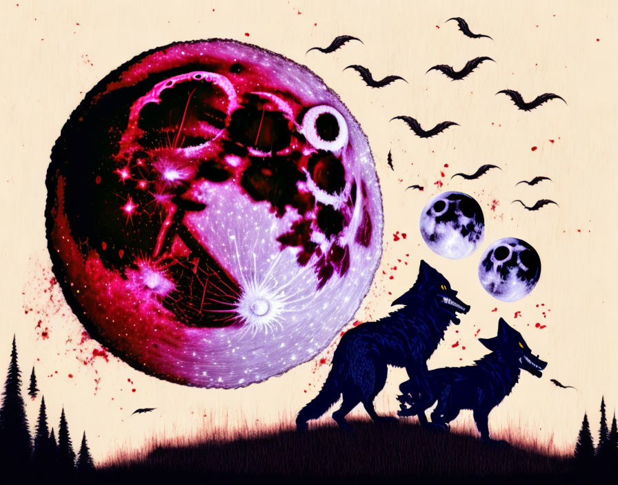 Vibrant artwork: Two howling wolves under a pink moon with birds in flight