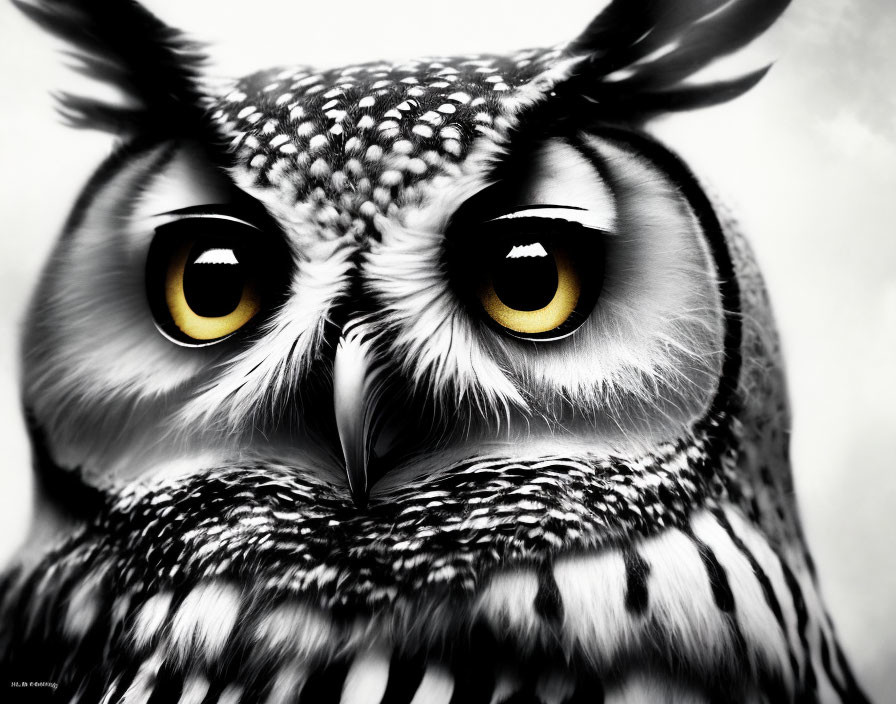 Detailed Black-and-White Owl Close-Up with Yellow Eyes and Plumage Patterns