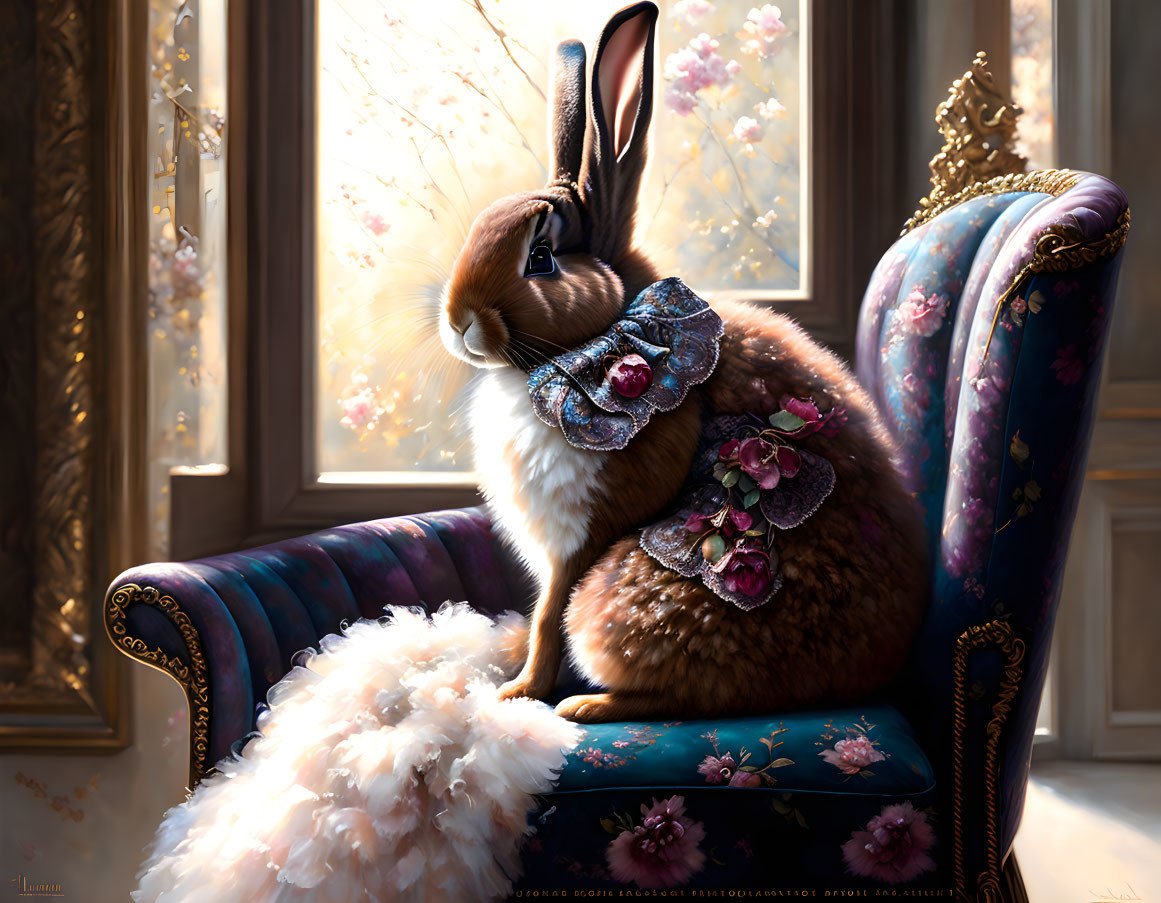 Regal anthropomorphic rabbit on blue chair with floral neckpiece