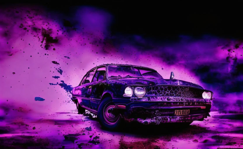 Vintage Car with Prominent Headlights on Vibrant Purple Background