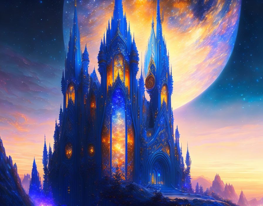 Gothic castle under giant moon on alien landscape