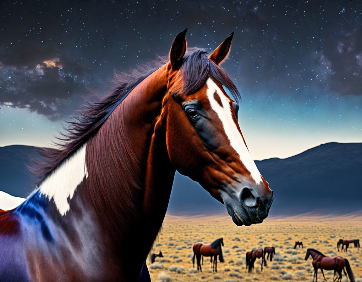 Majestic brown horse under starry night sky