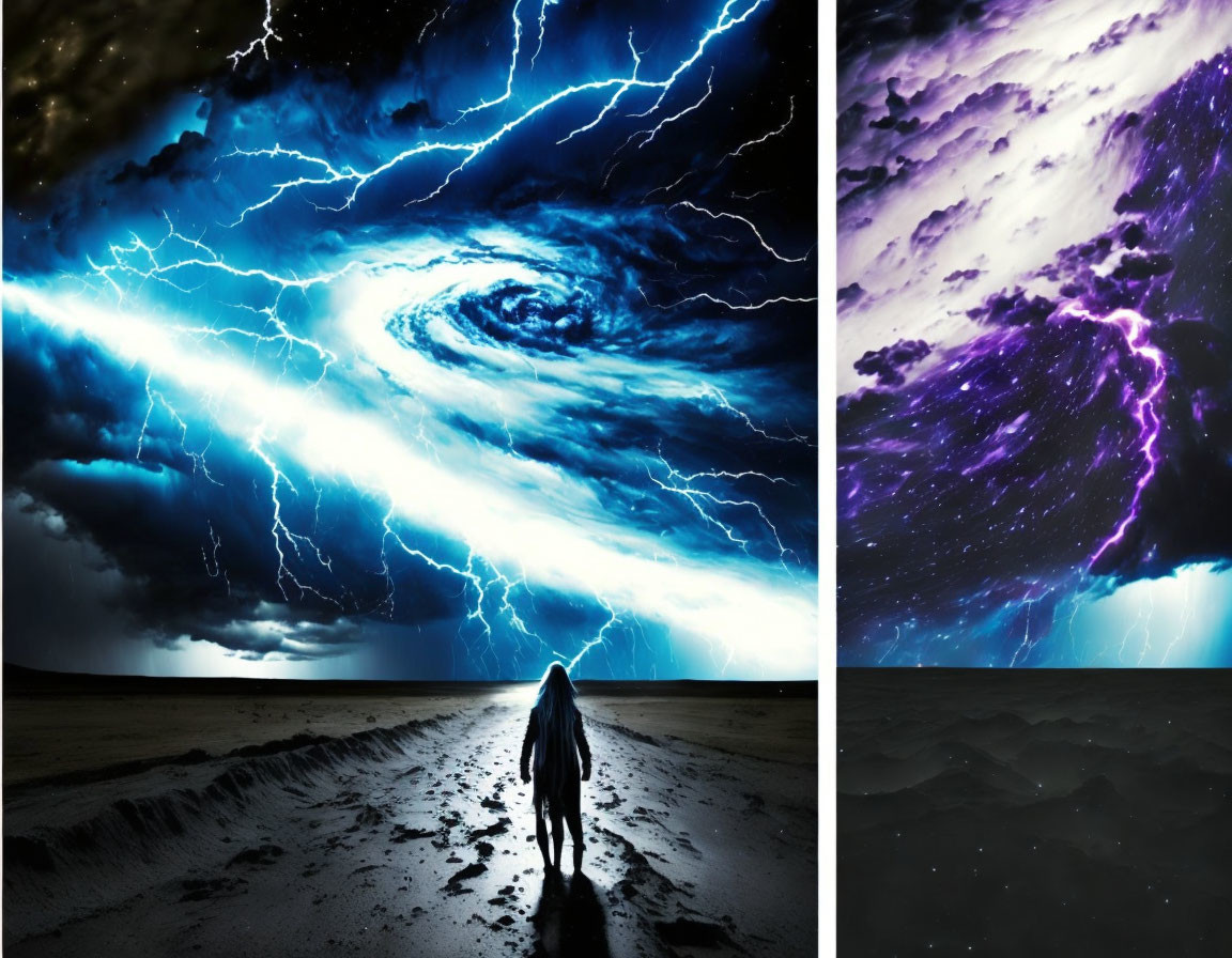 Person walking towards surreal storm with swirling clouds and intense lightning on barren landscape at night