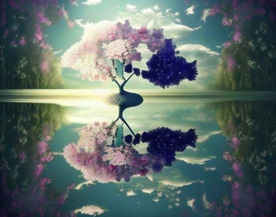 Surreal tree with pink and blue blossoms reflected in serene water under cloudy sky