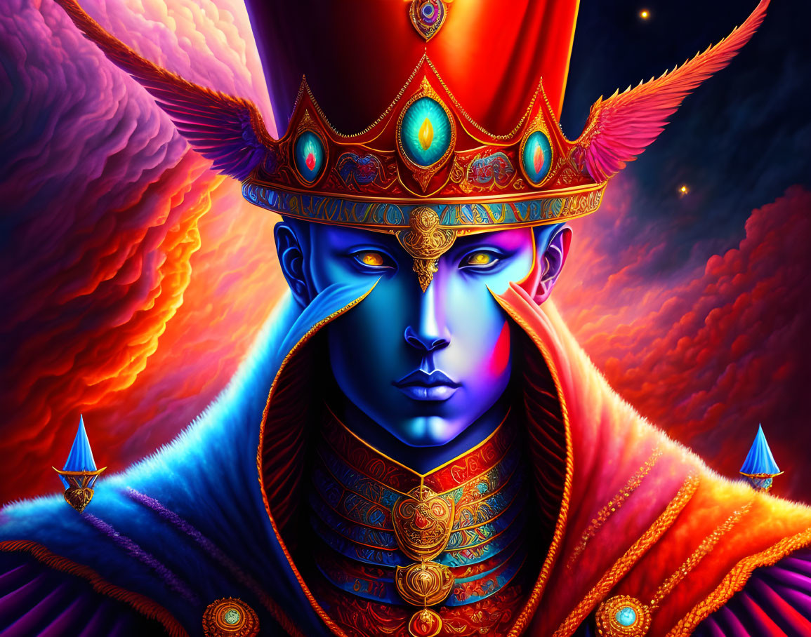 Character with Blue Skin in Elaborate Red and Gold Armor on Red Clouds