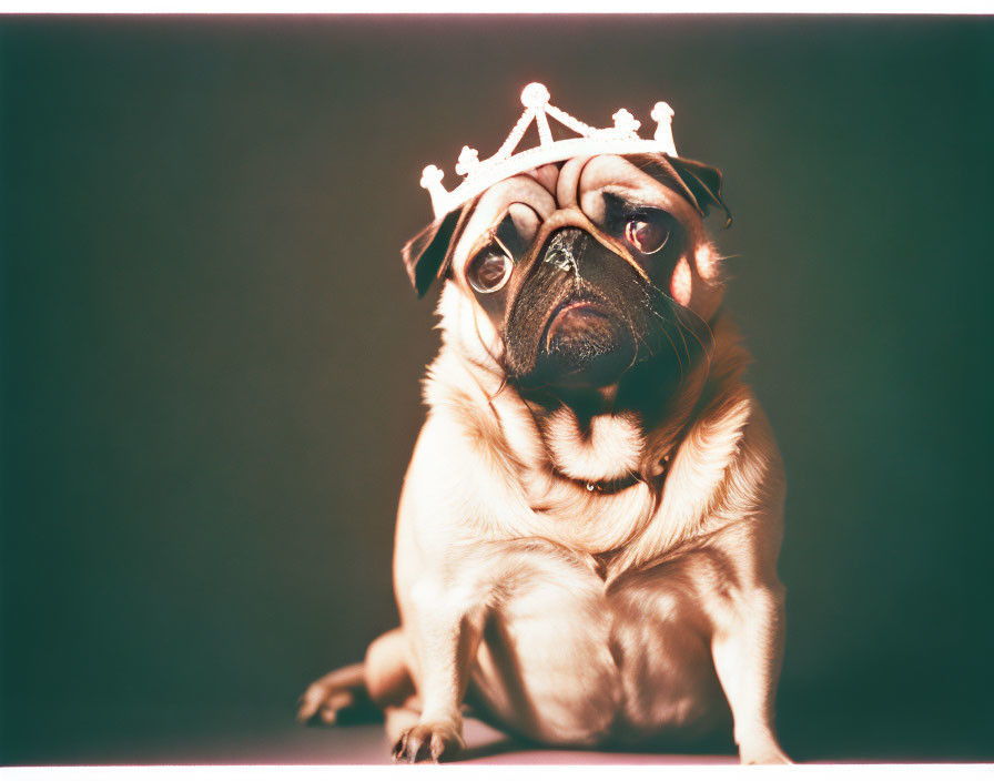 Pug with small crown against dark background