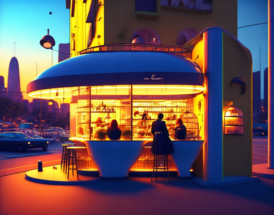 Retro-futuristic street corner diner at twilight with vintage cars and modern skyscrapers.