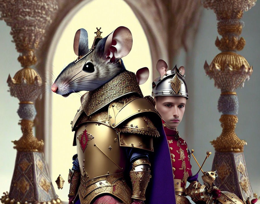 Human in Medieval Armor with Mouse Head in Ornate Hall Background