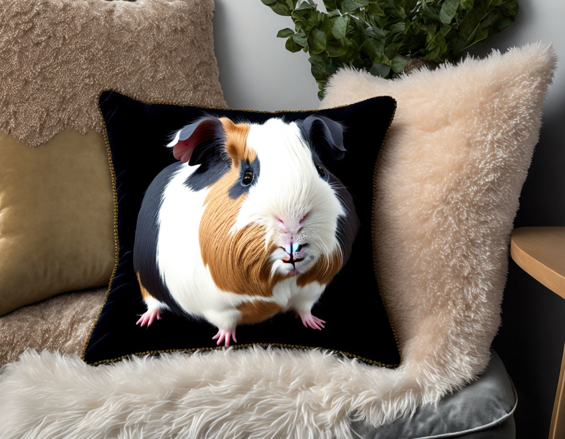 Realistic Guinea Pig Print Decorative Cushion in Cozy Home Setting