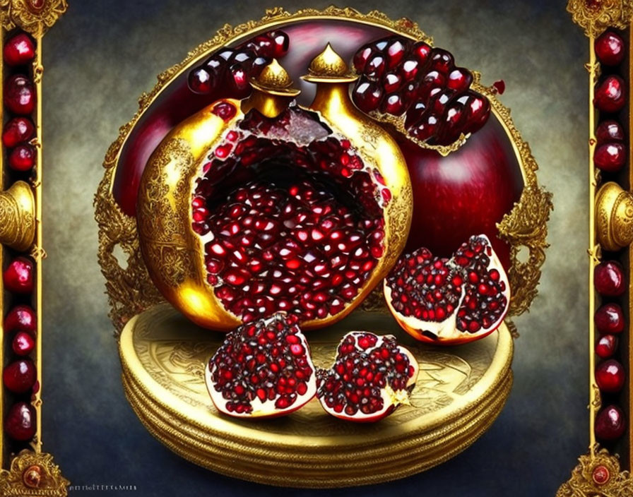 Golden pomegranate sculpture with red seeds on pedestal