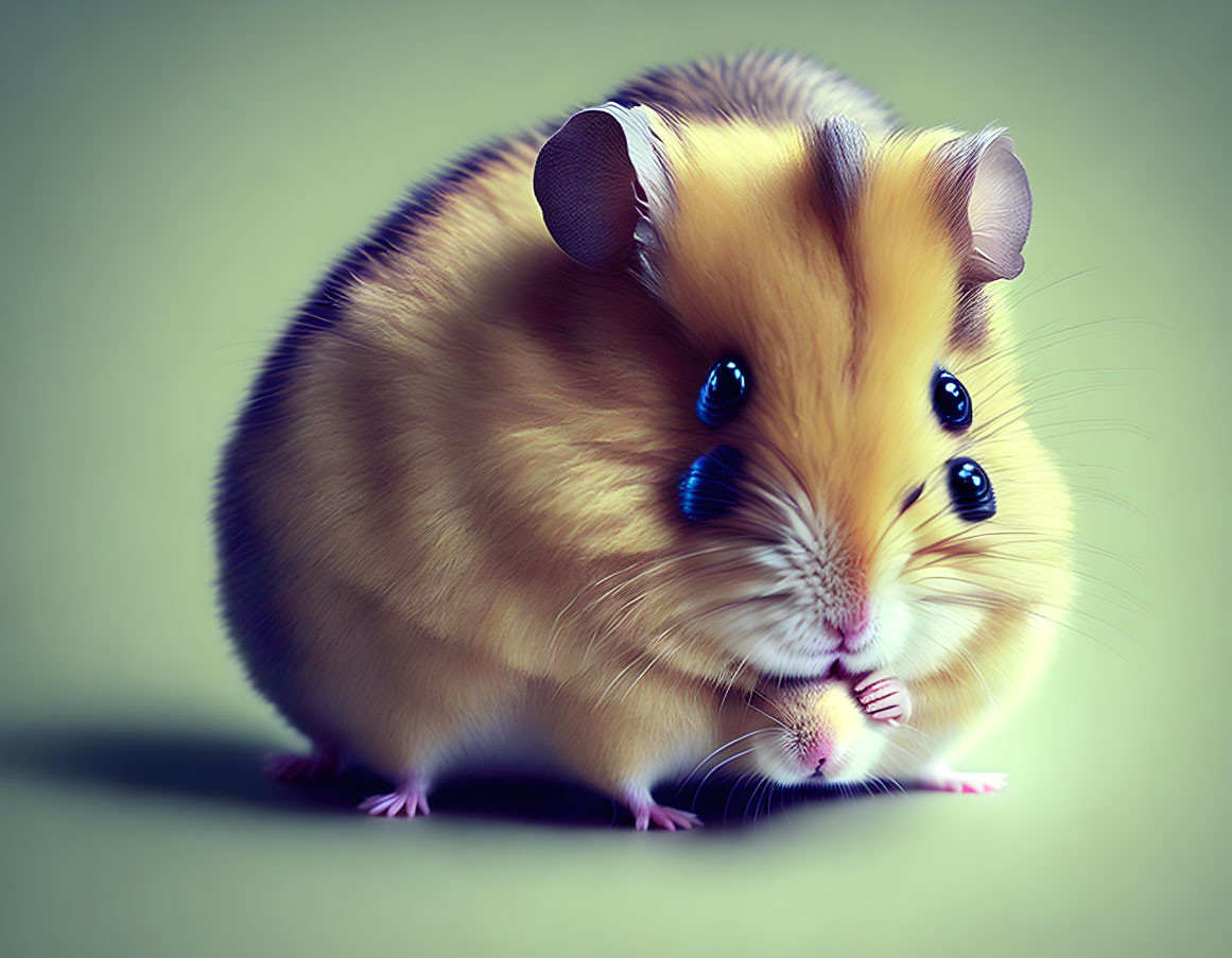 Adorable oversized hamster with blue eyes and golden fur on green background